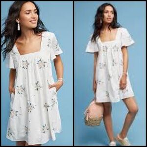 Anthropologie Maeve Amaira Boho Babydoll Embroidered Ivory Swing Pockets Dress S